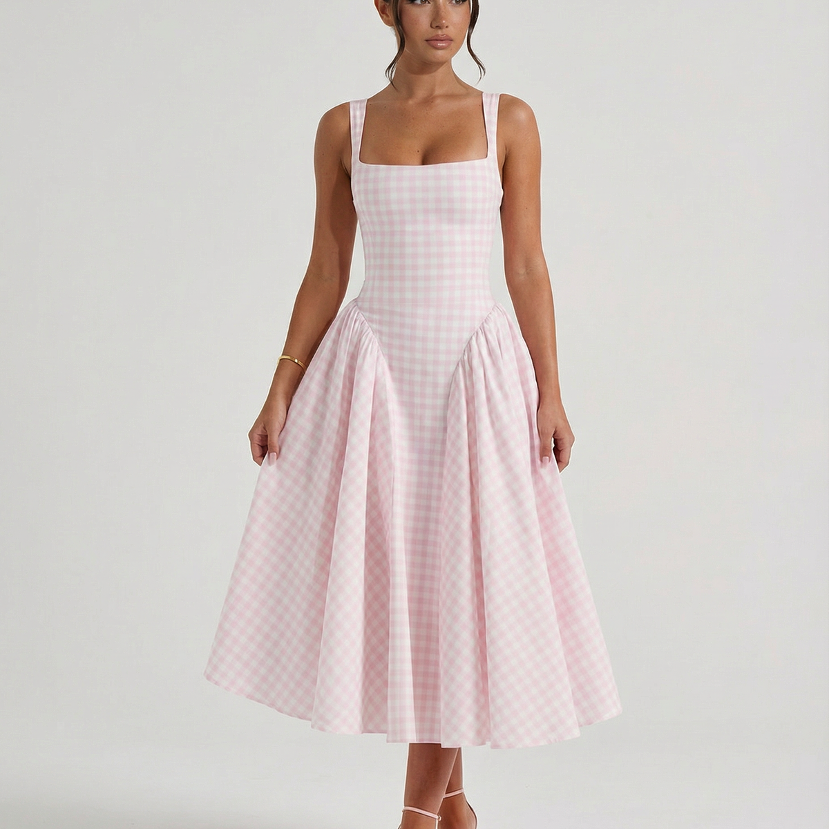 Francesca | Midi Dress with Gingham Corset and Square Neck