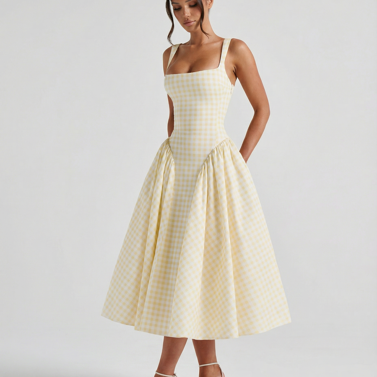 Francesca | Midi Dress with Gingham Corset and Square Neck