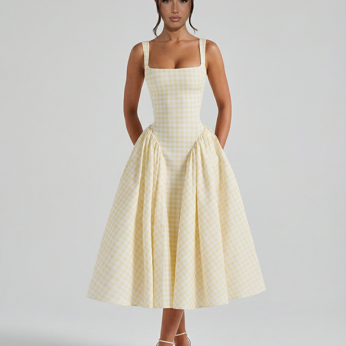 Francesca | Midi Dress with Gingham Corset and Square Neck