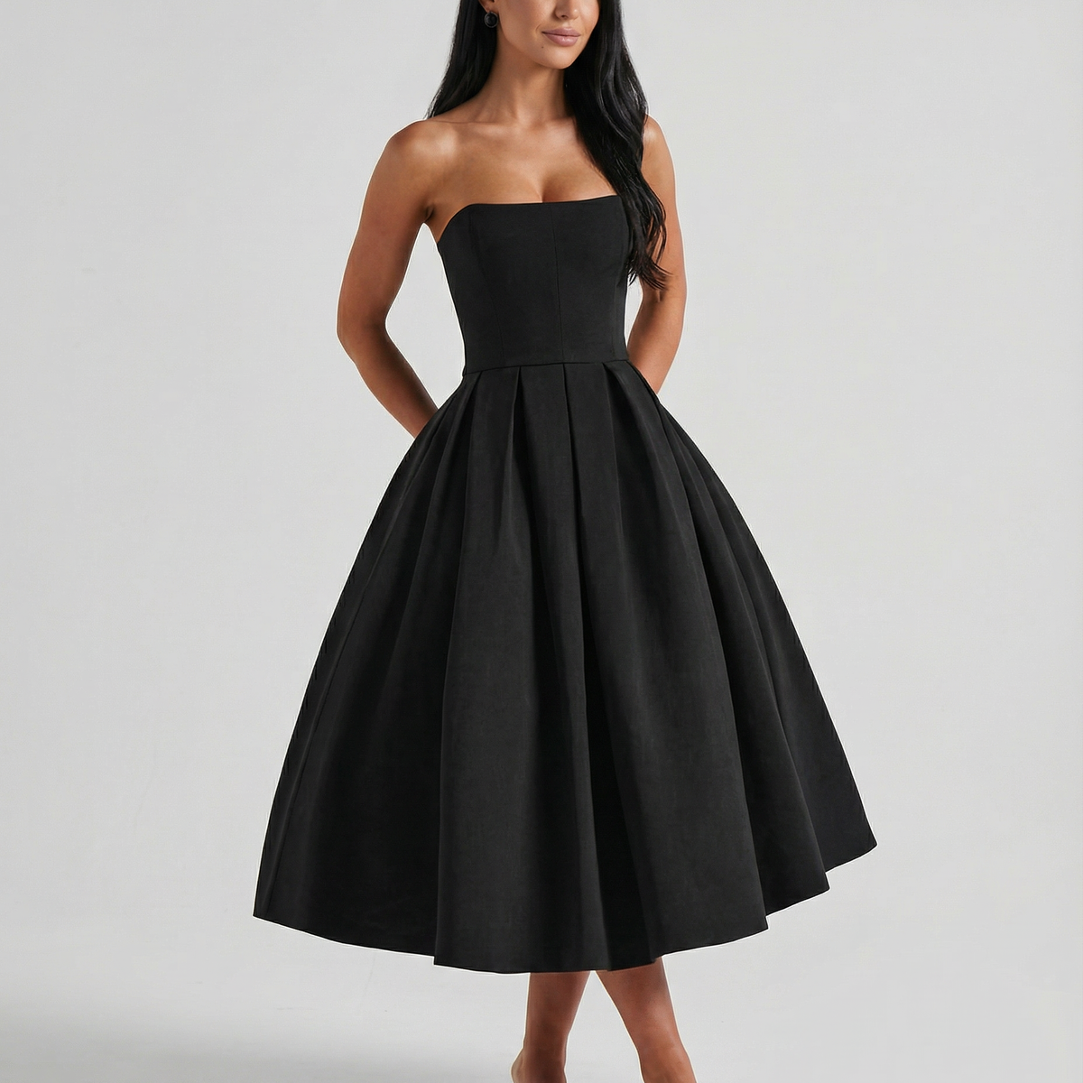Ainsley | Midi Dress with Strapless Full Skirt