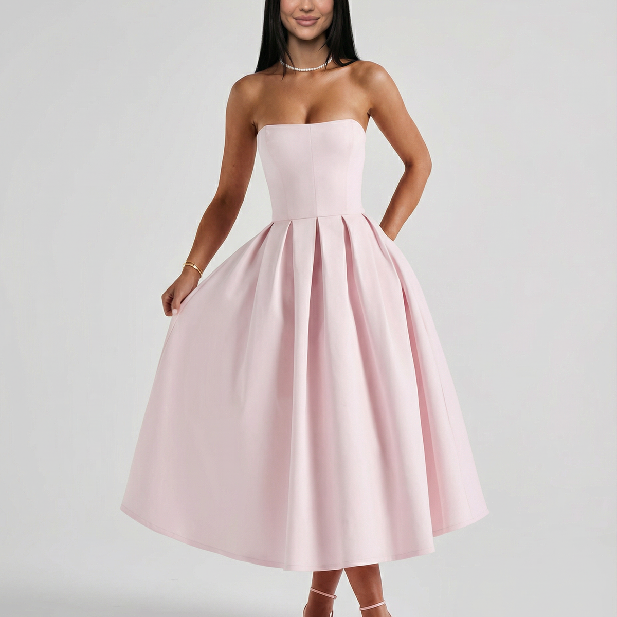 Ainsley | Midi Dress with Strapless Full Skirt