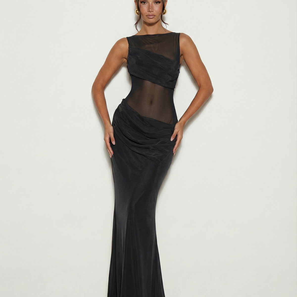 Olivia | Maxi Dress with Sheer Panel and Ruched Skirt