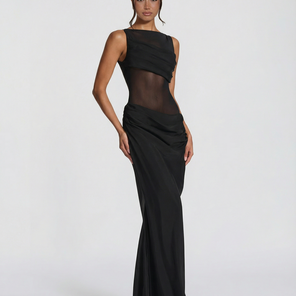 Olivia | Maxi Dress with Sheer Panel and Ruched Skirt