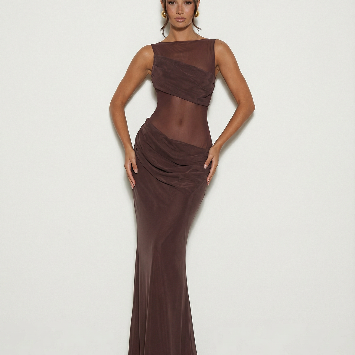 Olivia | Maxi Dress with Sheer Panel and Ruched Skirt
