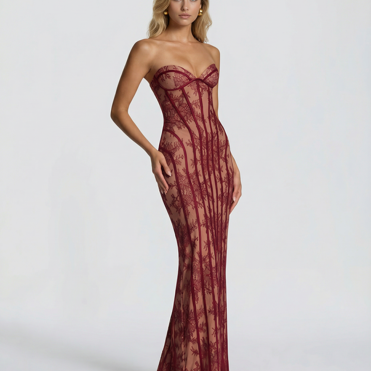 Catherine | Maxi Dress with Sheer Lace Corset and Lace-Up Back