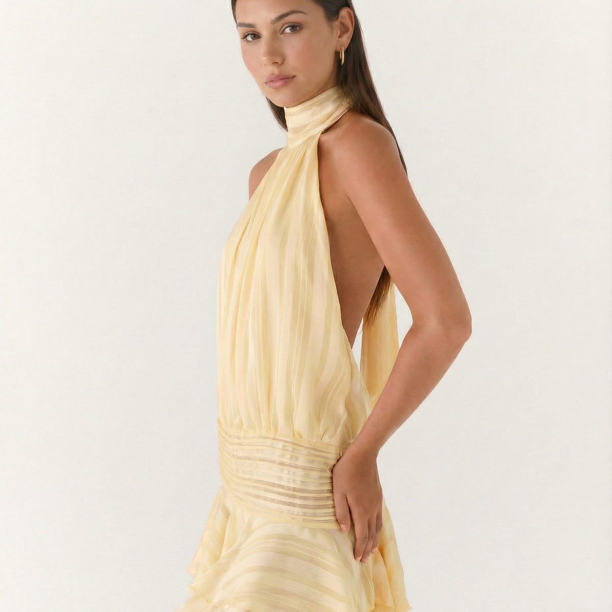 Deborah | Halter Neck Pleated Playsuit with Ruffle Overlay