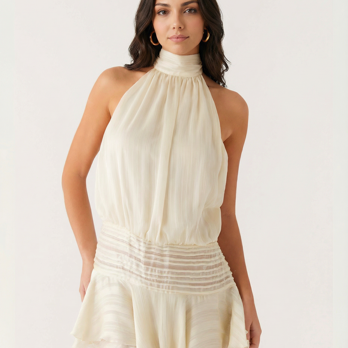 Deborah | Halter Neck Pleated Playsuit with Ruffle Overlay