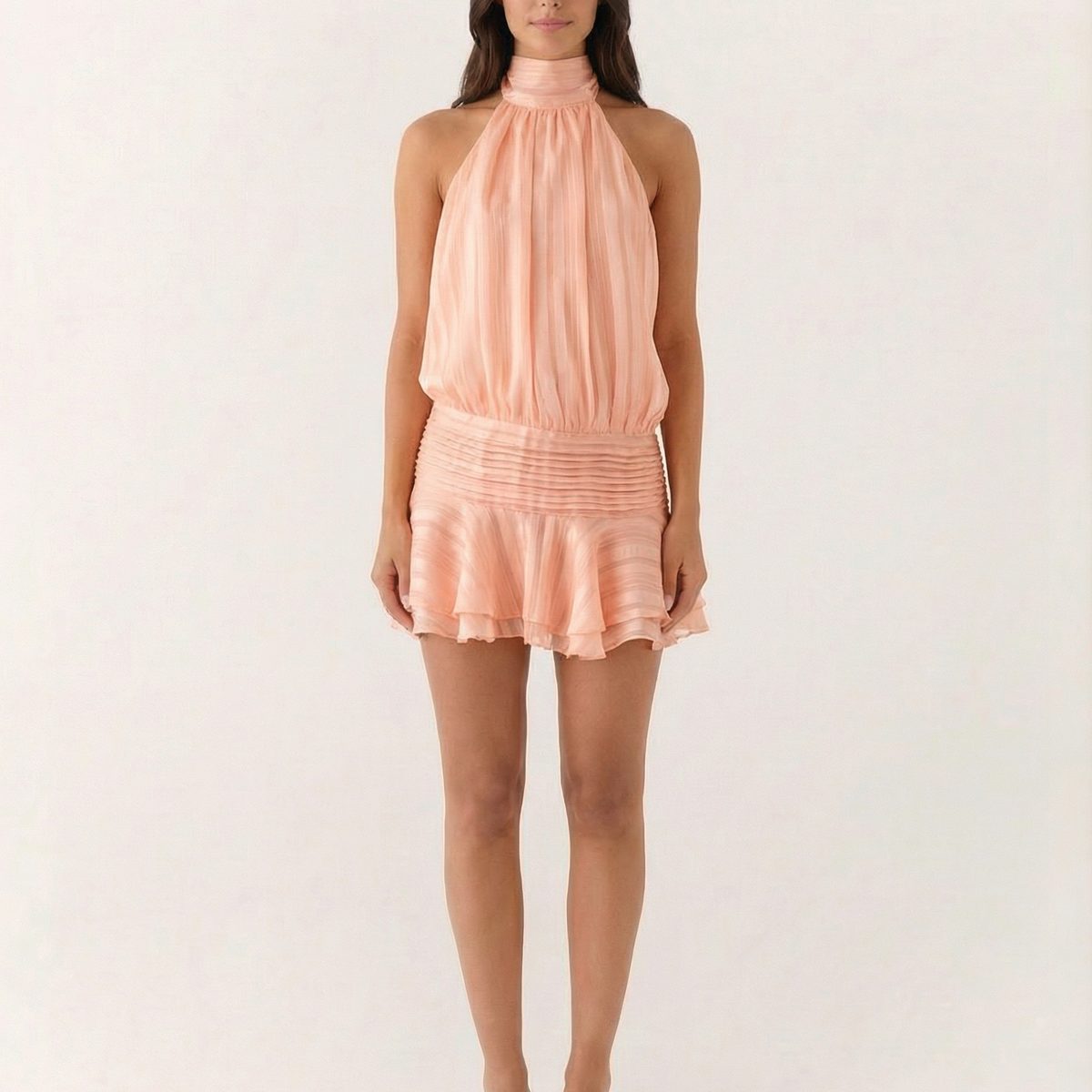 Deborah | Halter Neck Pleated Playsuit with Ruffle Overlay
