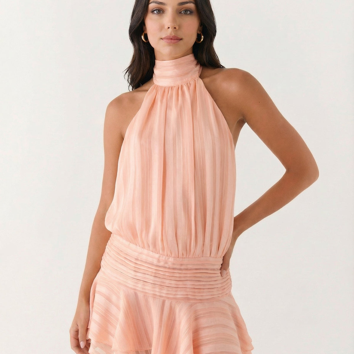 Deborah | Halter Neck Pleated Playsuit with Ruffle Overlay