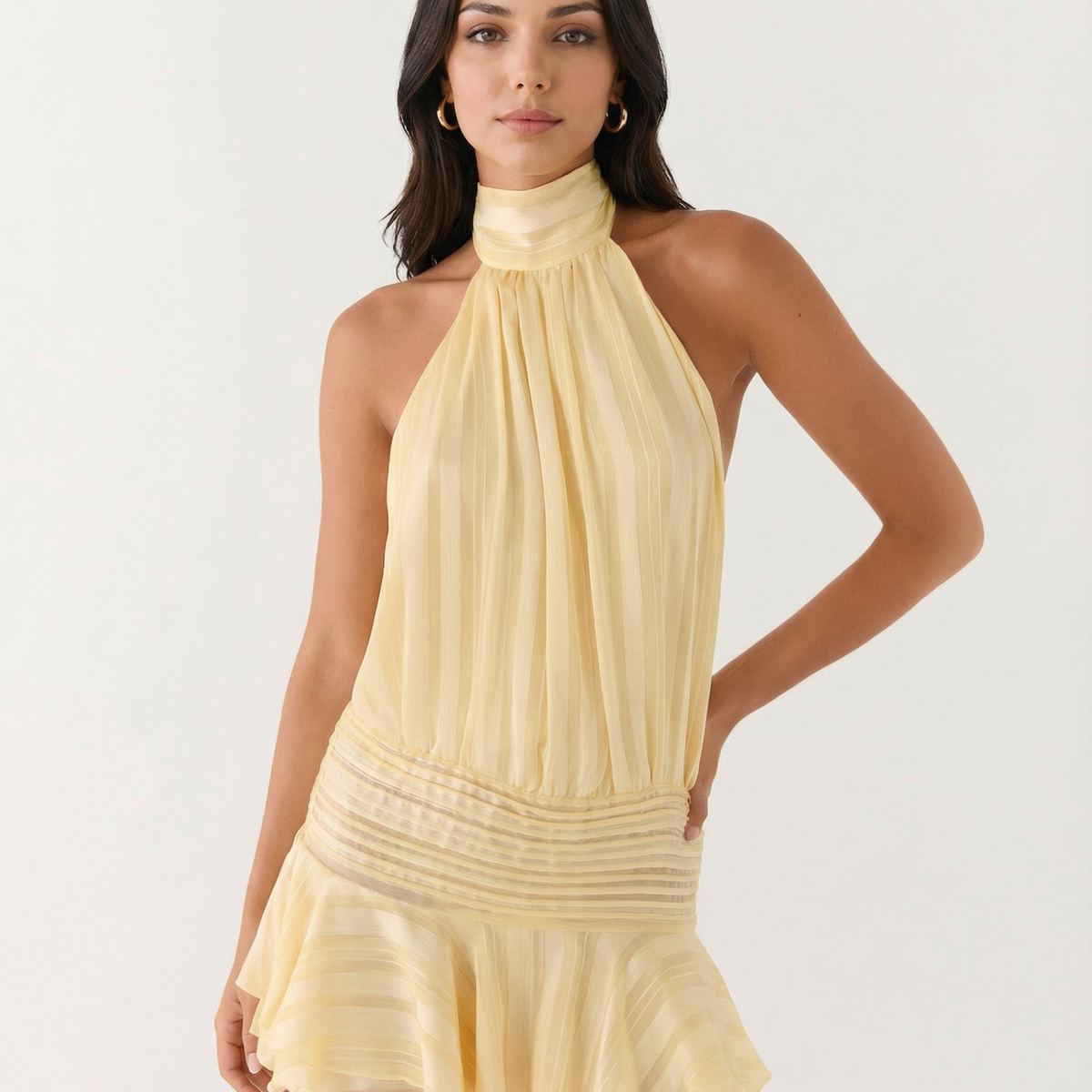 Deborah | Halter Neck Pleated Playsuit with Ruffle Overlay
