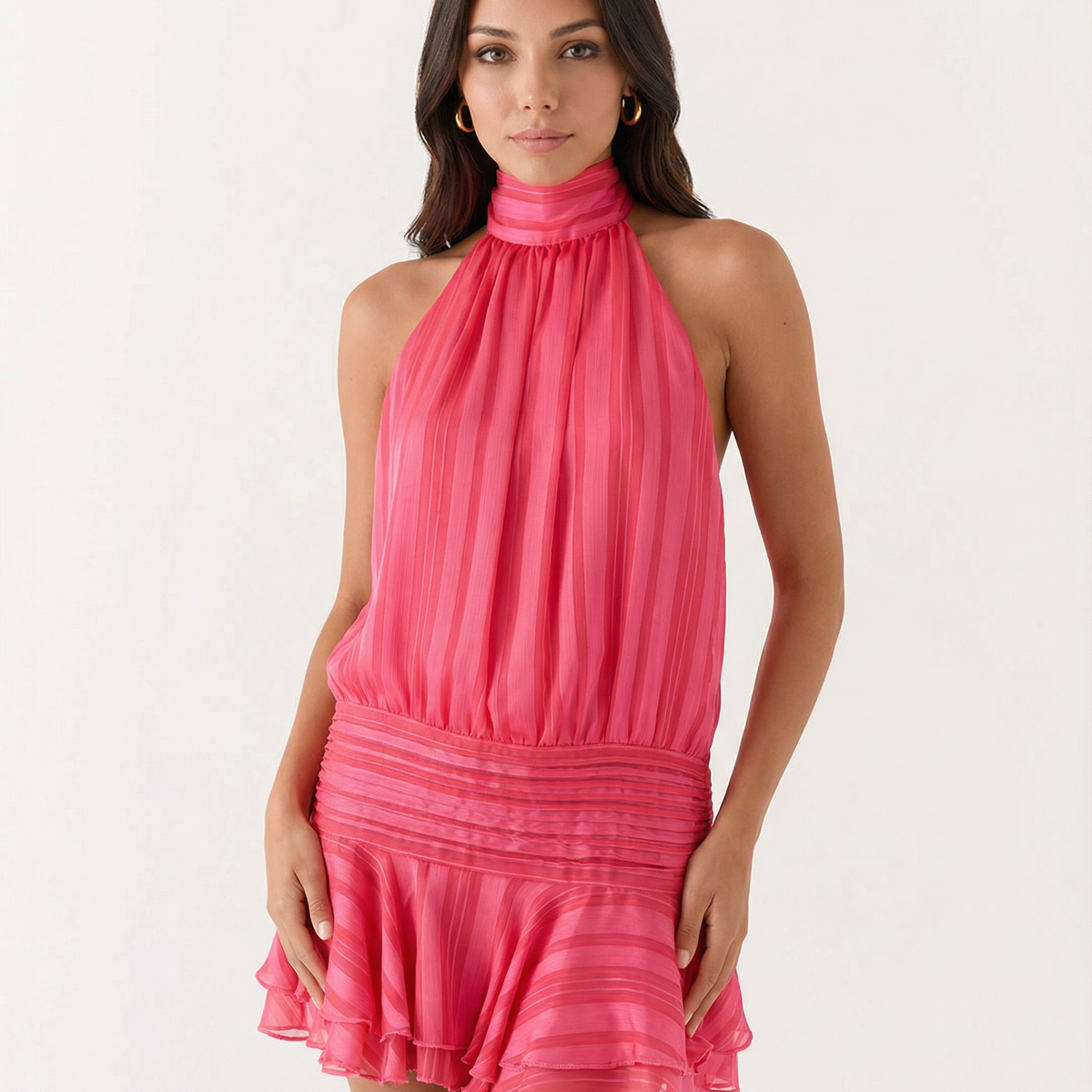 Deborah | Halter Neck Pleated Playsuit with Ruffle Overlay