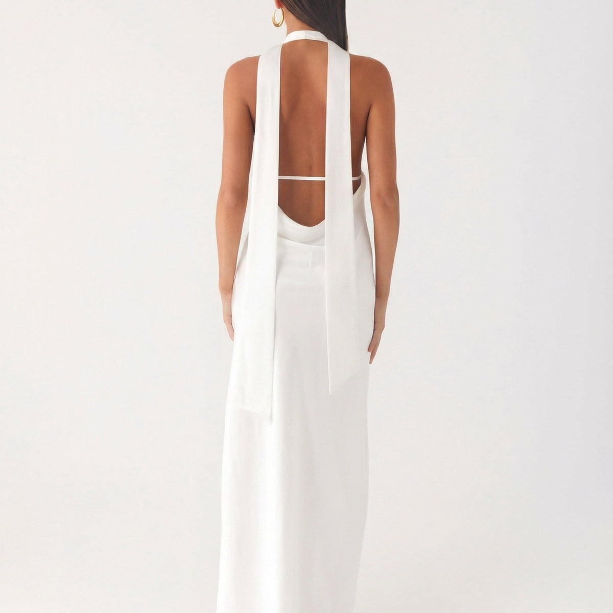 Jayne | Low V Neck Cowl Back Satin Halter Maxi Dress