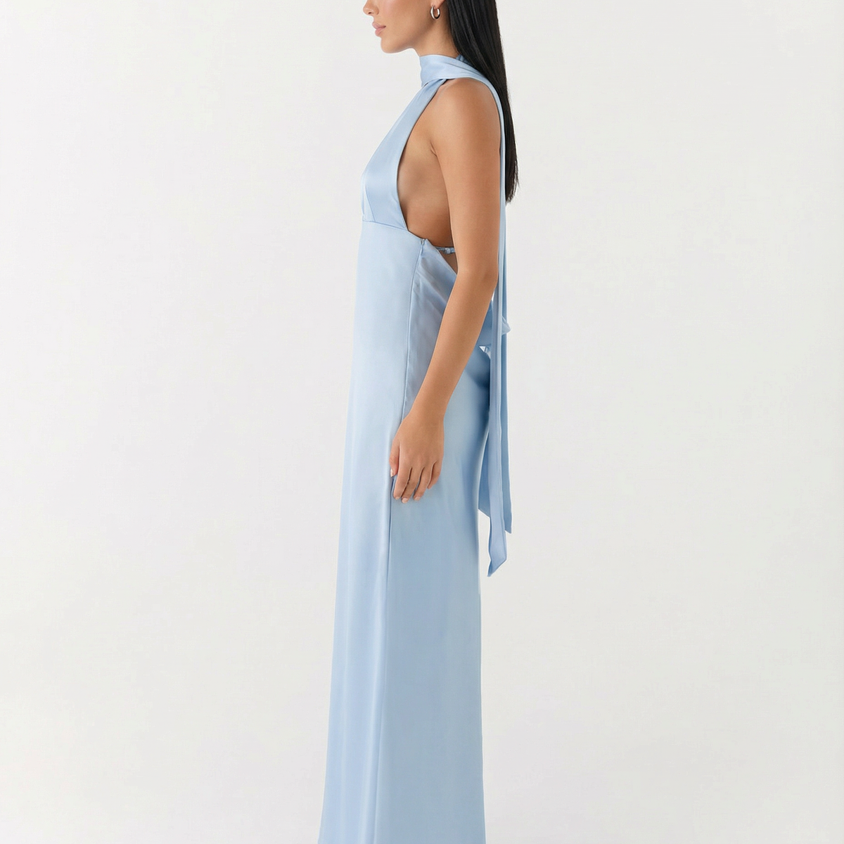 Jayne | Low V Neck Cowl Back Satin Halter Maxi Dress