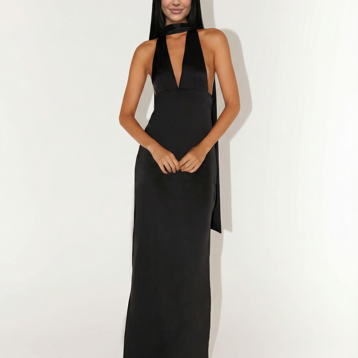 Jayne | Low V Neck Cowl Back Satin Halter Maxi Dress