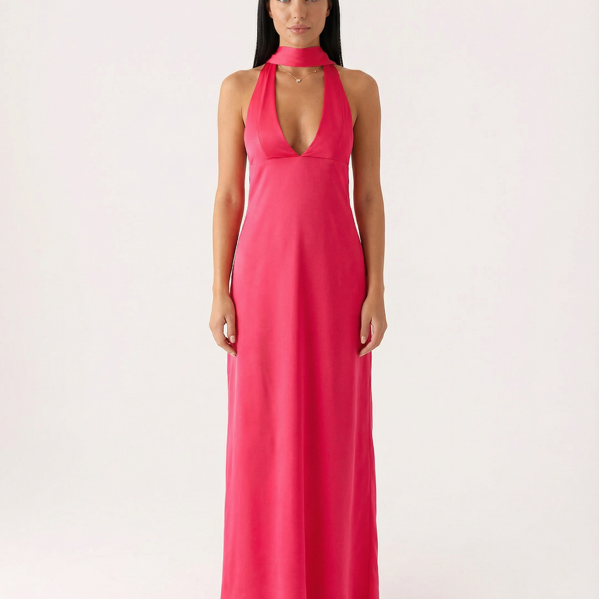 Jayne | Low V Neck Cowl Back Satin Halter Maxi Dress