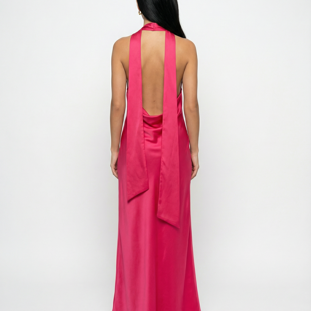 Jayne | Low V Neck Cowl Back Satin Halter Maxi Dress