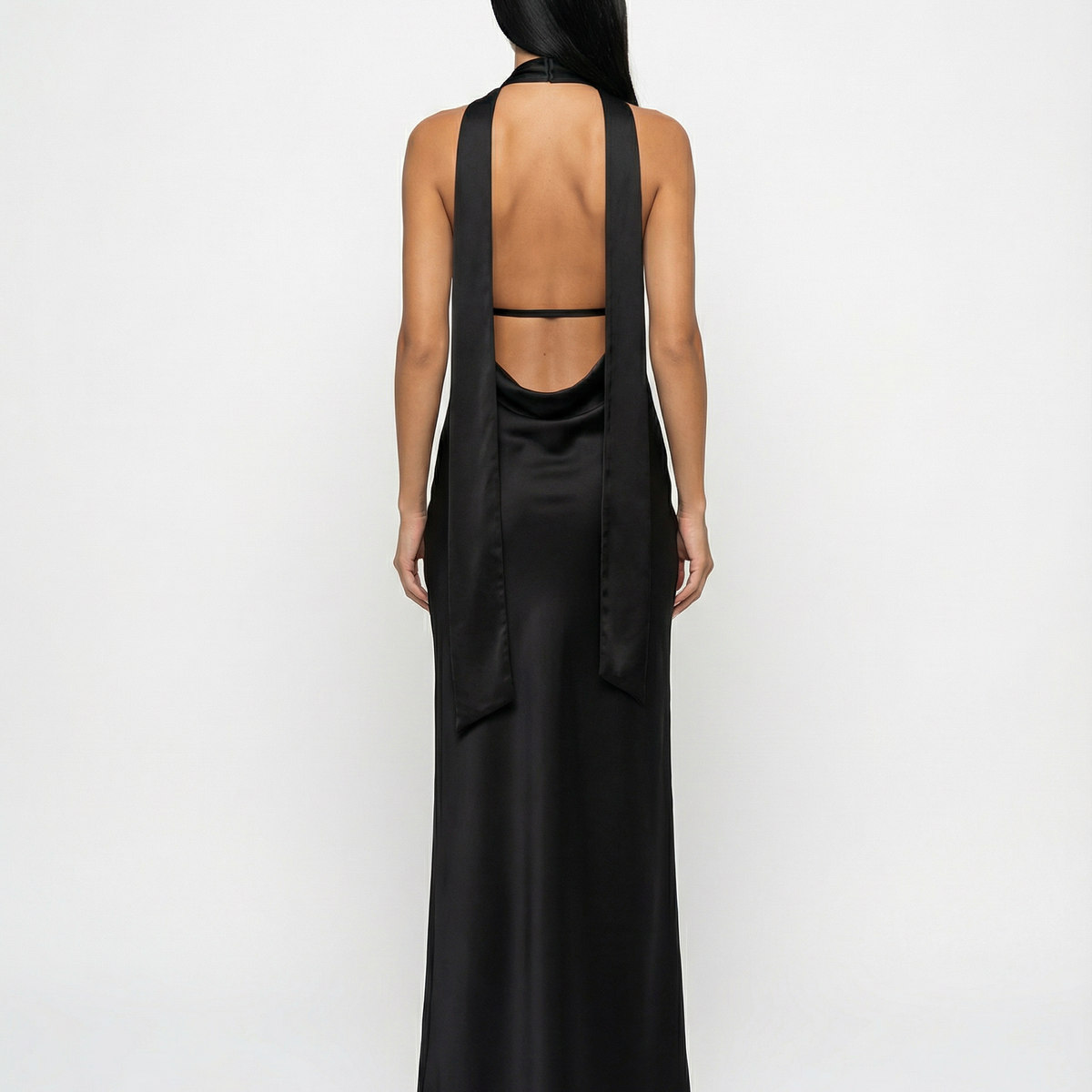 Jayne | Low V Neck Cowl Back Satin Halter Maxi Dress
