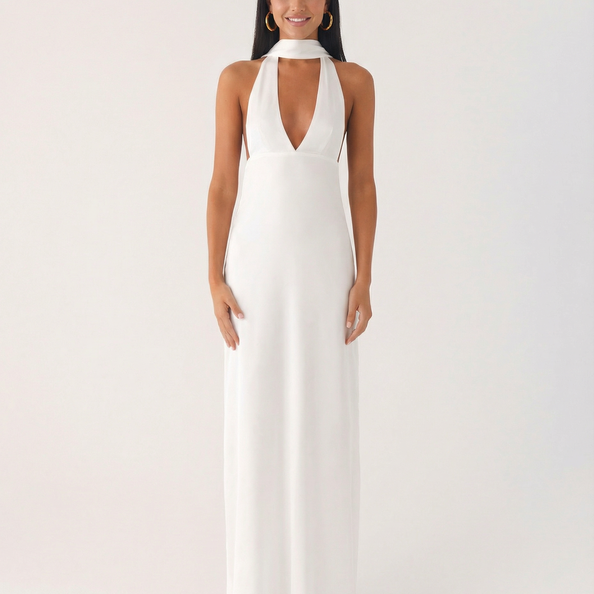 Jayne | Low V Neck Cowl Back Satin Halter Maxi Dress