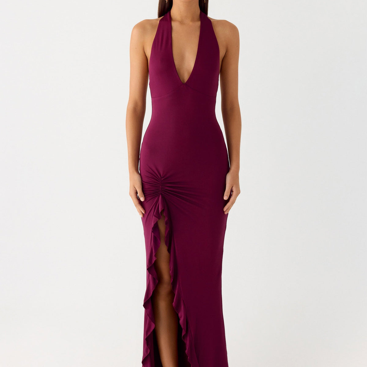 Alberta | V Neck Ruffles High Thigh Slit Maxi Dress