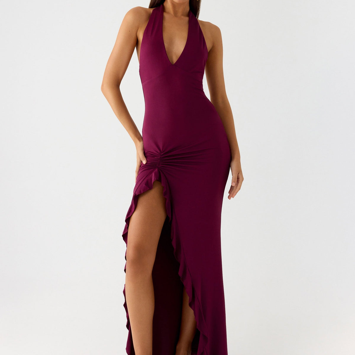 Alberta | V Neck Ruffles High Thigh Slit Maxi Dress