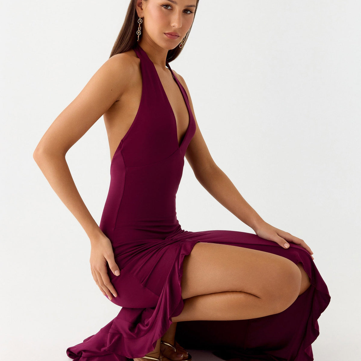 Alberta | V Neck Ruffles High Thigh Slit Maxi Dress