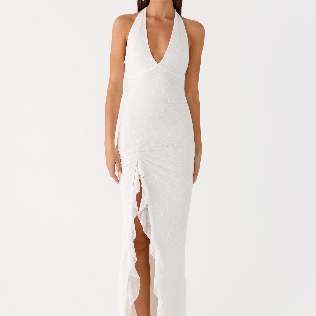 Alberta | V Neck Ruffles High Thigh Slit Maxi Dress