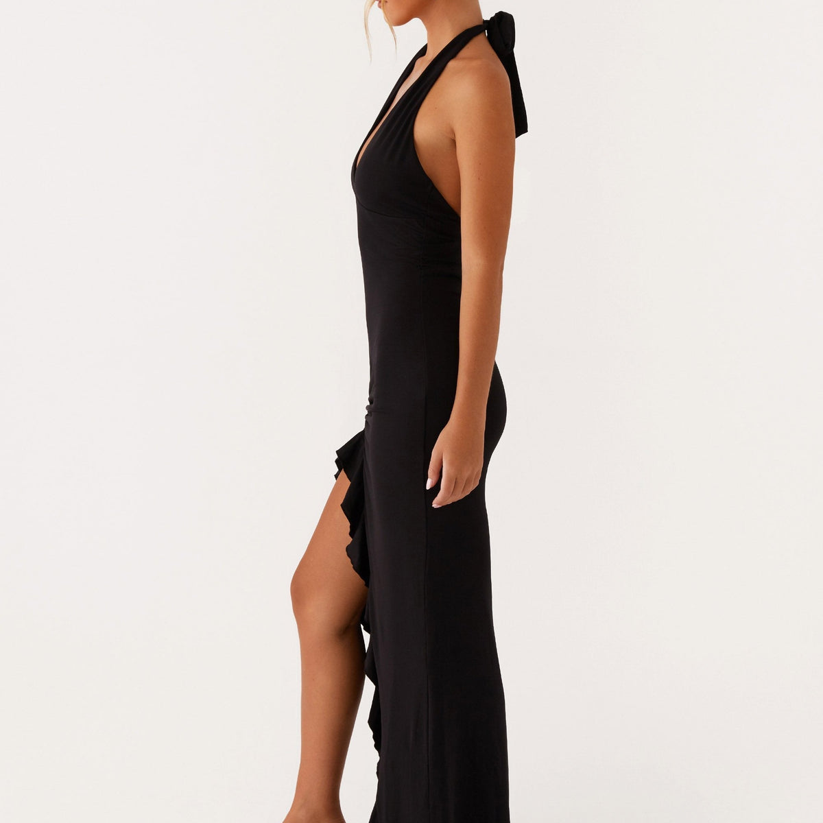 Alberta | V Neck Ruffles High Thigh Slit Maxi Dress
