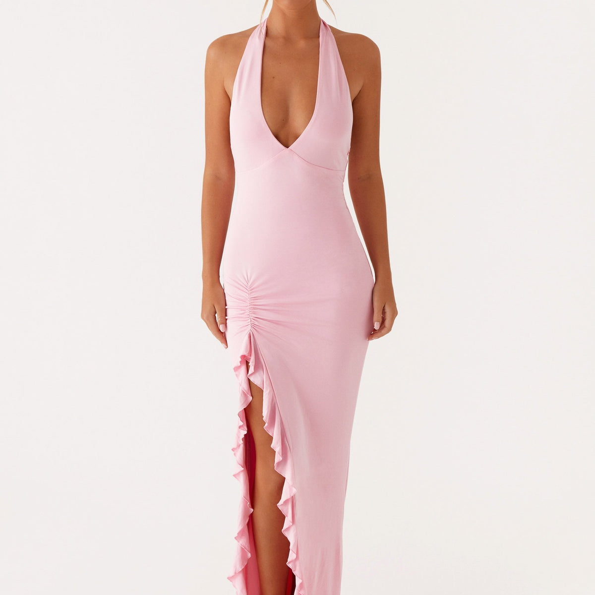 Alberta | V Neck Ruffles High Thigh Slit Maxi Dress