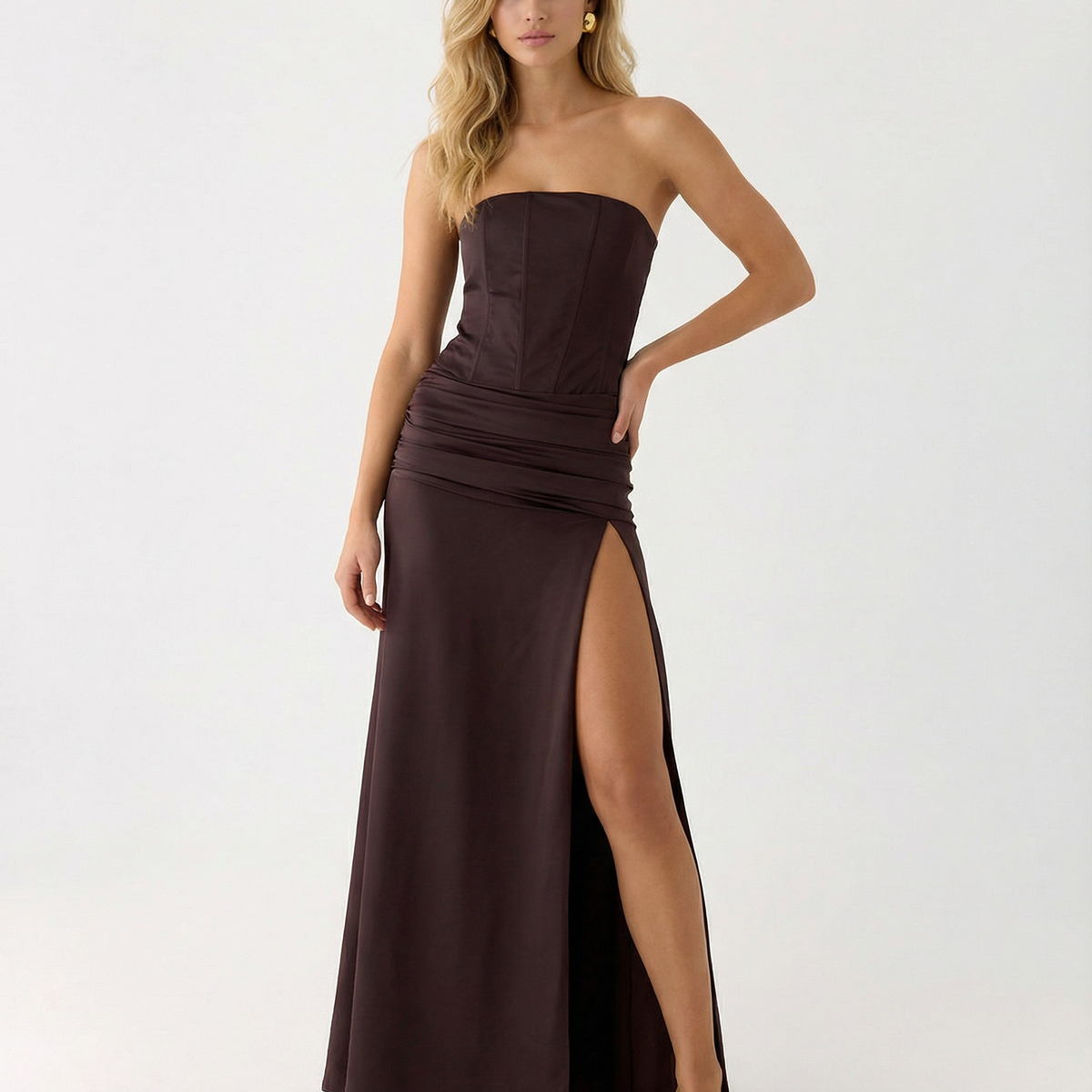 Graciela | Corset Bodice Ruched Satin Maxi Dress