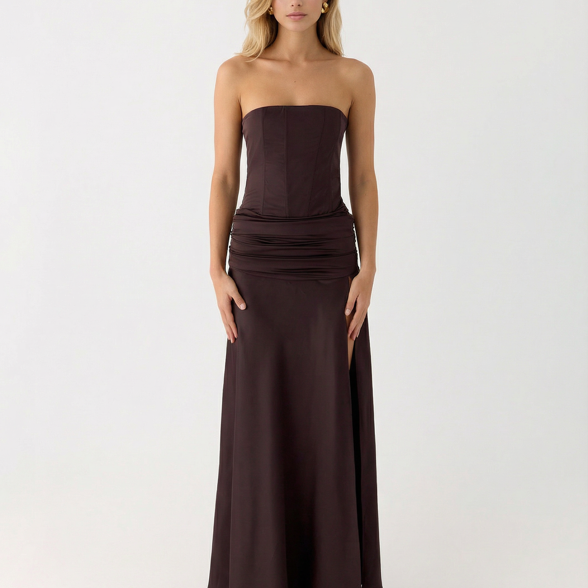 Graciela | Corset Bodice Ruched Satin Maxi Dress