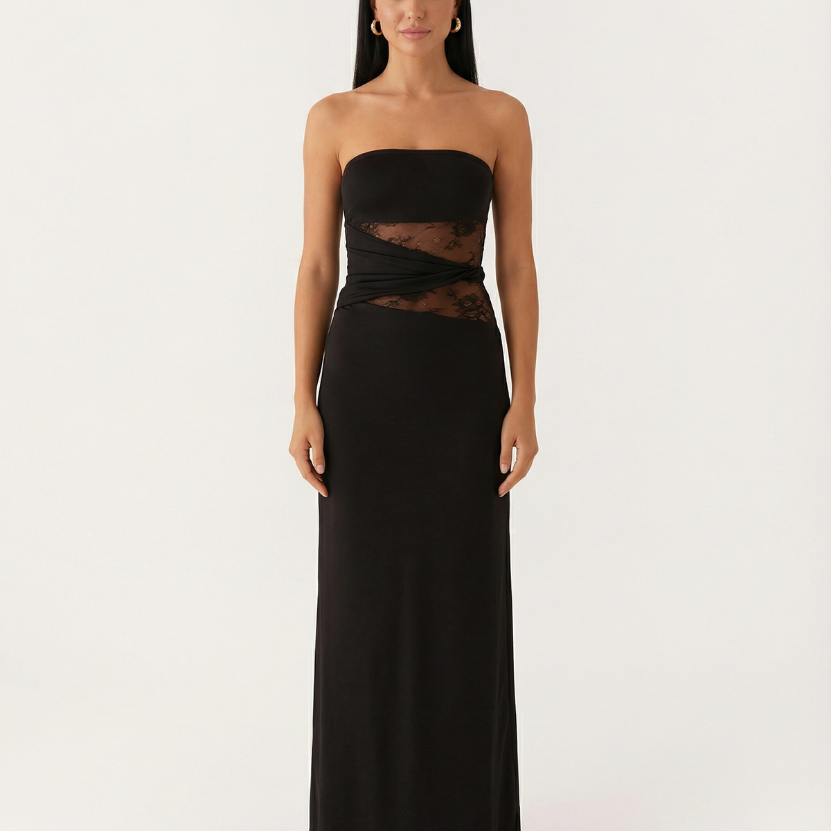 Tonia | Strapless Maxi Dress with Lace Panel and Side Slit