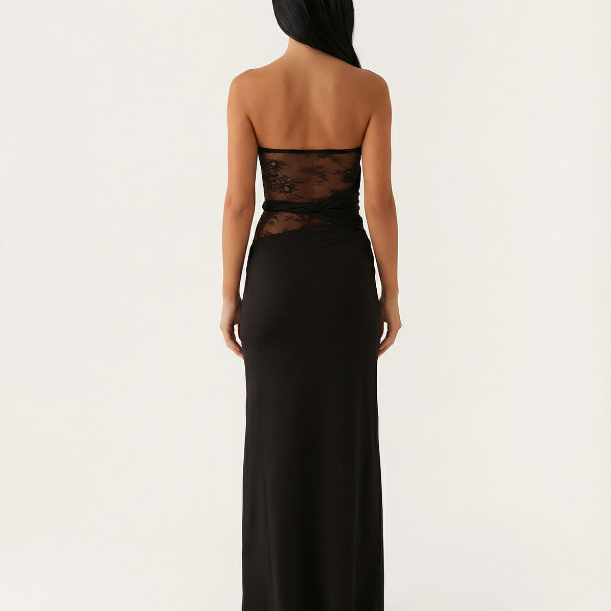 Tonia | Strapless Maxi Dress with Lace Panel and Side Slit