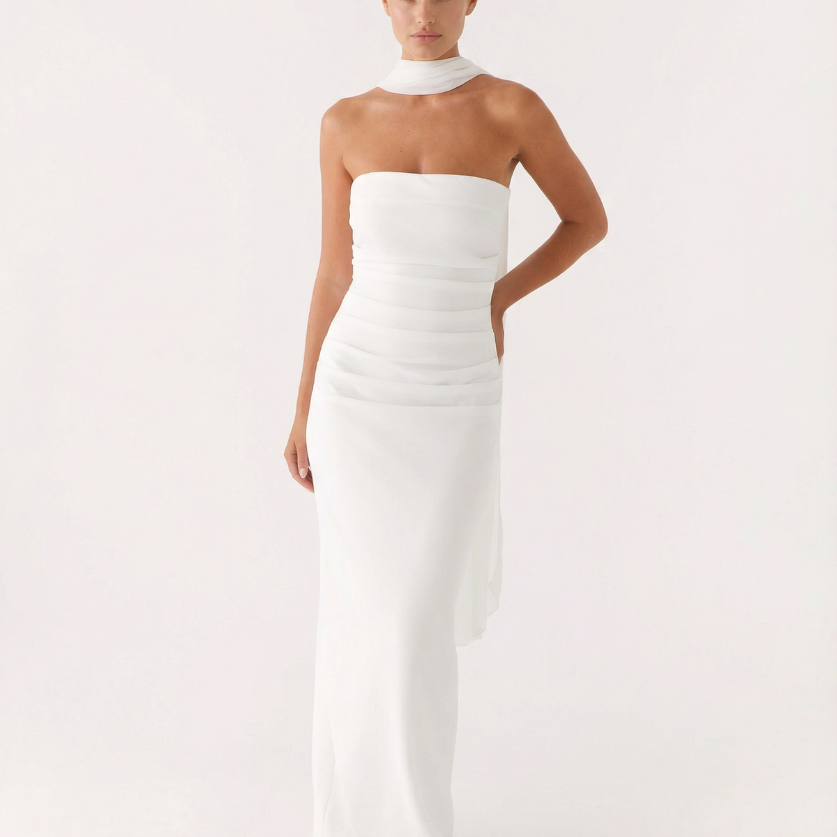 Latoya | Strapless Ruched Maxi Dress with Scarf