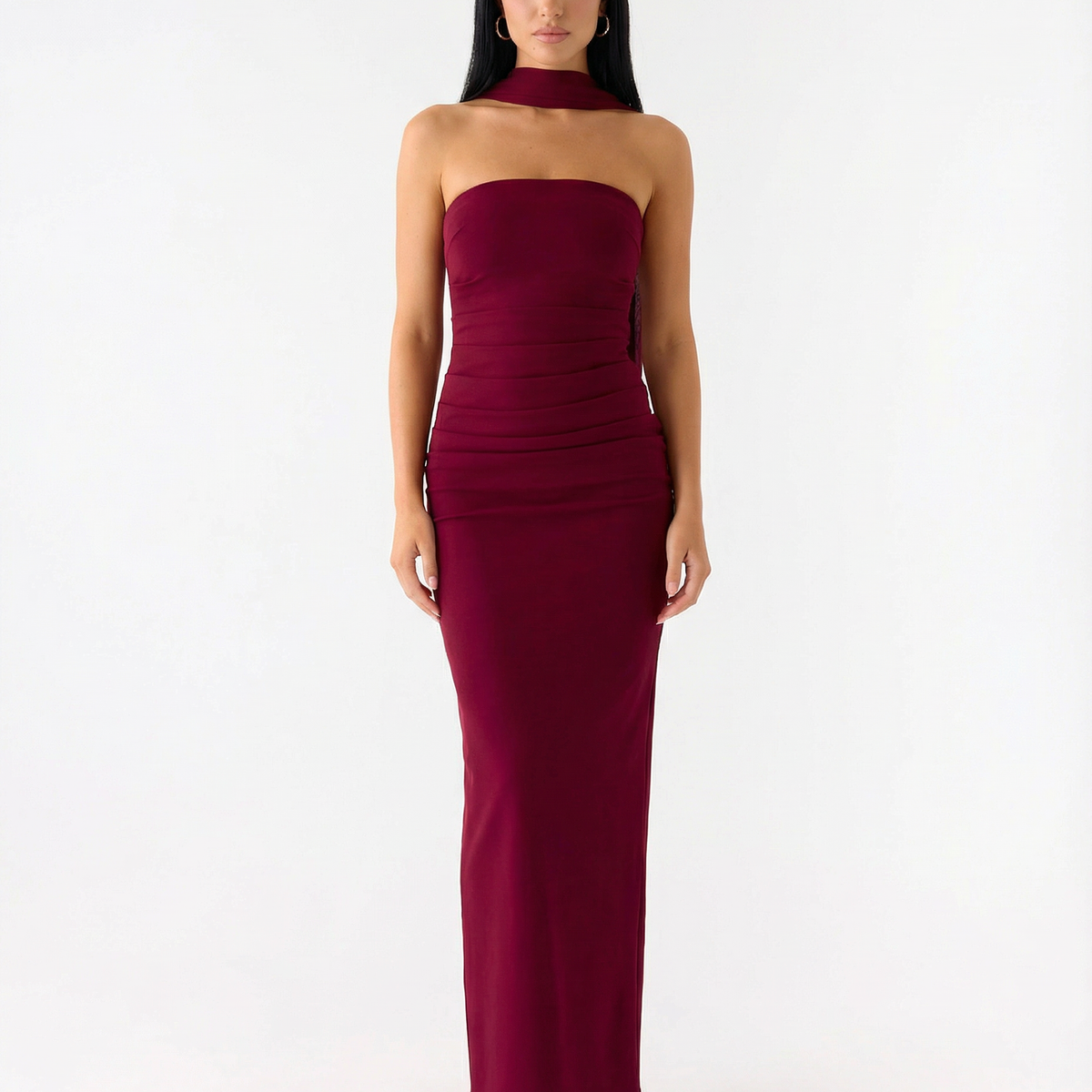 Latoya | Strapless Ruched Maxi Dress with Scarf