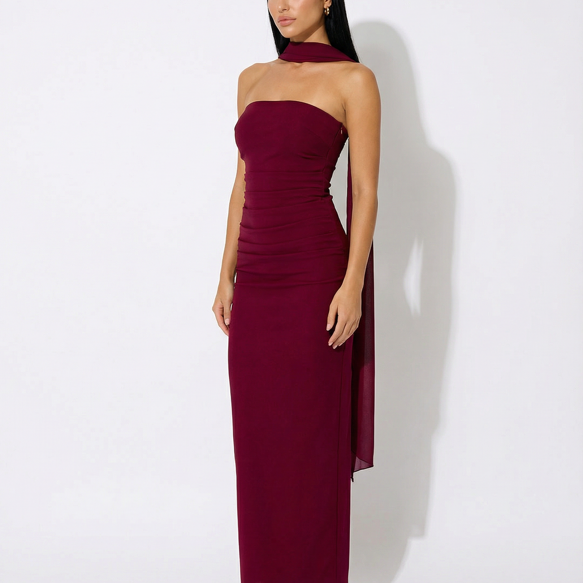 Latoya | Strapless Ruched Maxi Dress with Scarf
