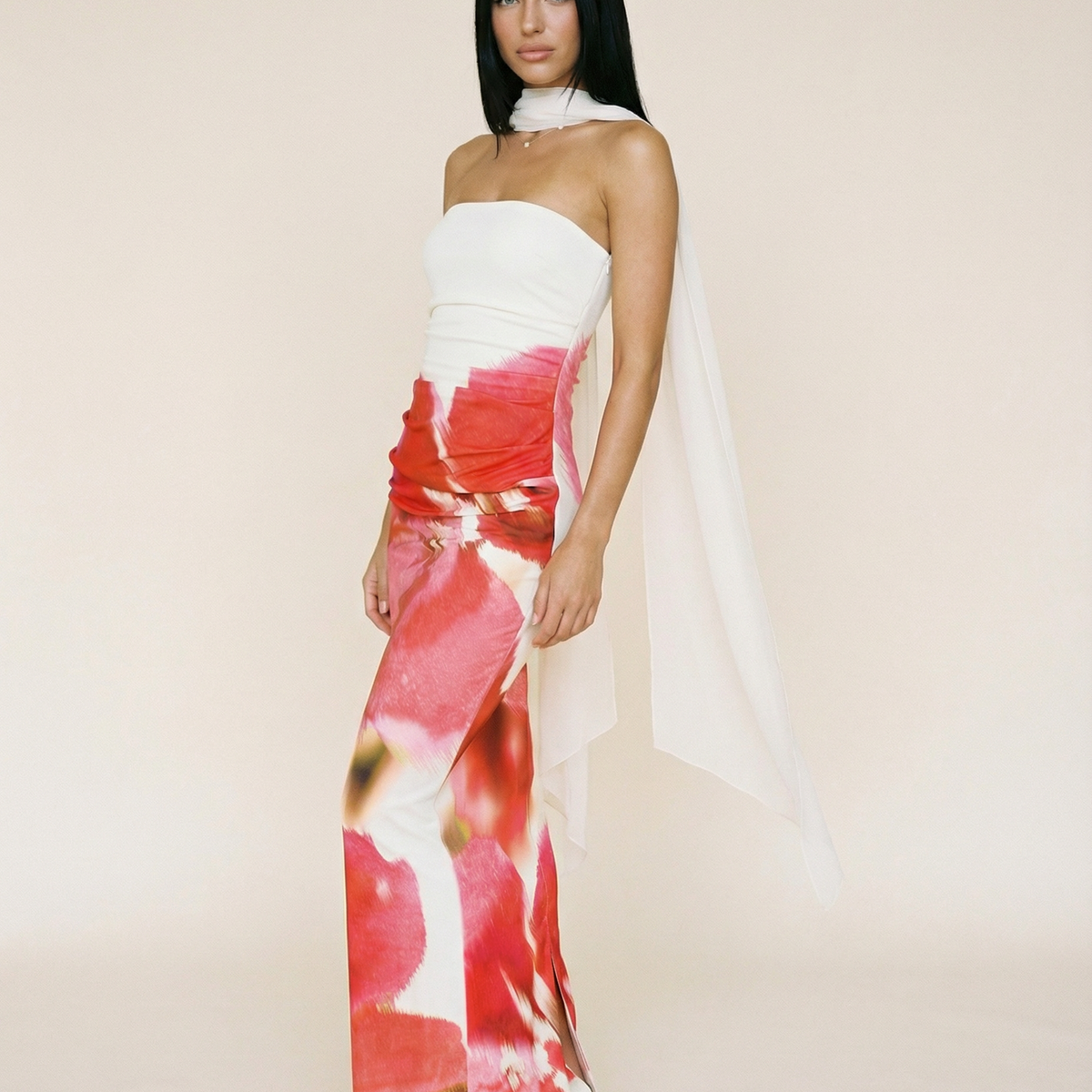 Latoya | Strapless Ruched Maxi Dress with Scarf