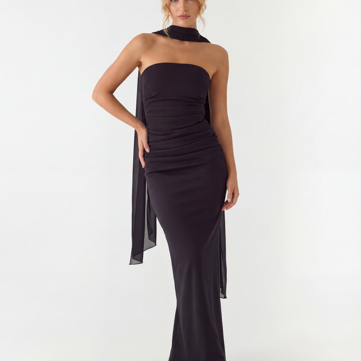 Latoya | Strapless Ruched Maxi Dress with Scarf