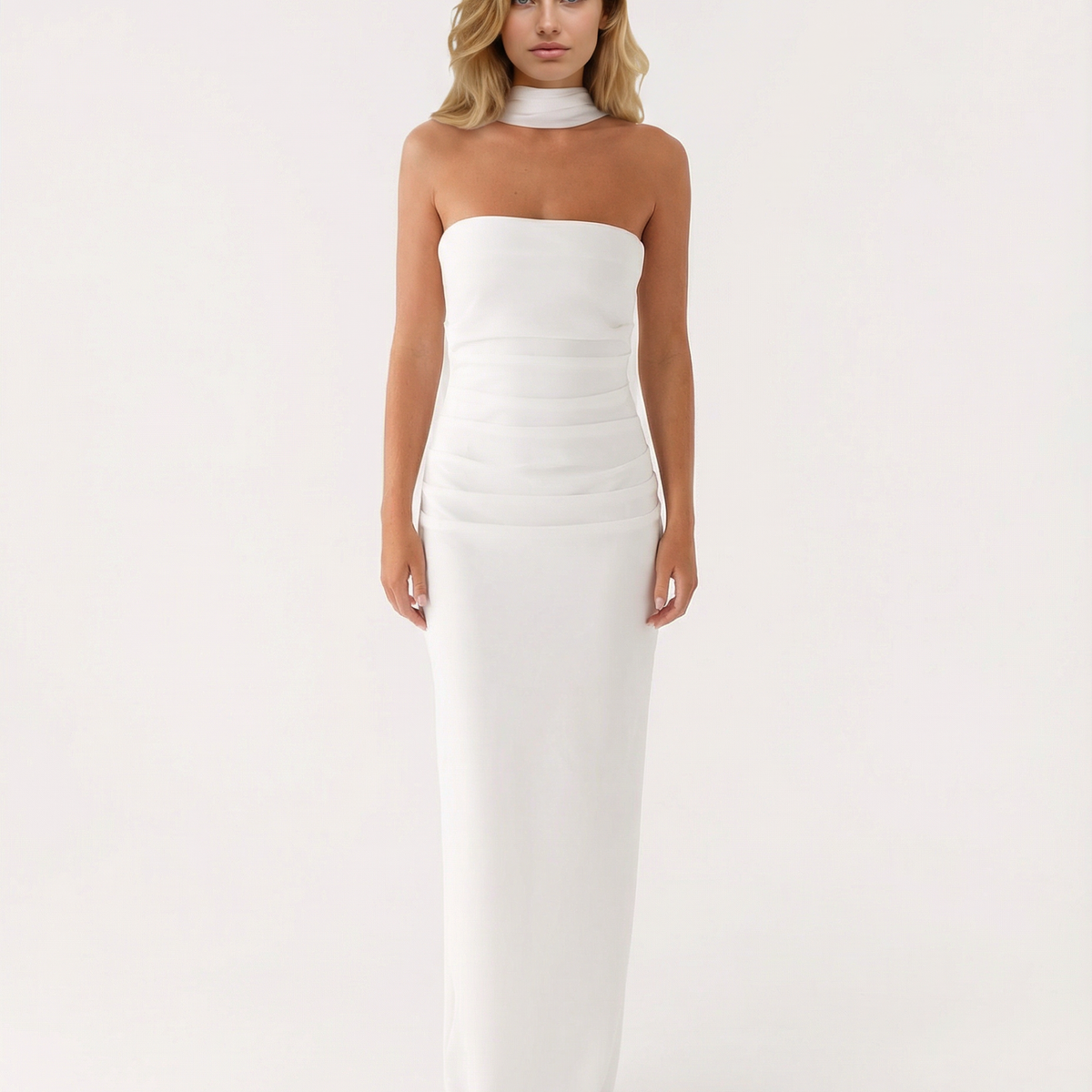 Latoya | Strapless Ruched Maxi Dress with Scarf