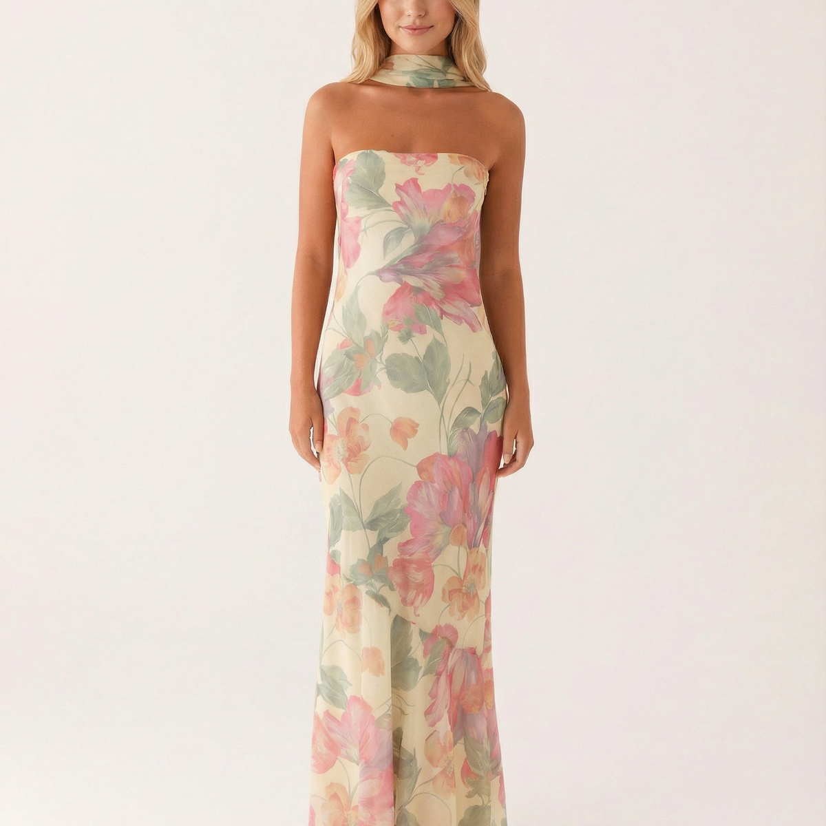 Shelia | Floral Chiffon Maxi Dress with Matching Scarf