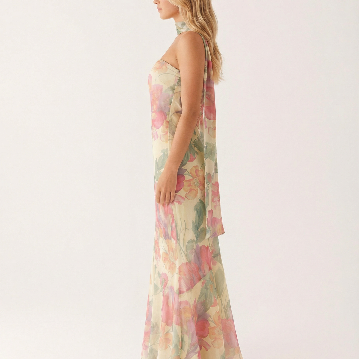 Shelia | Floral Chiffon Maxi Dress with Matching Scarf