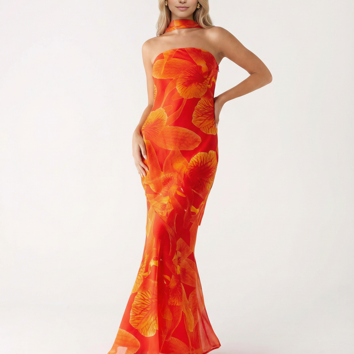 Shelia | Floral Chiffon Maxi Dress with Matching Scarf