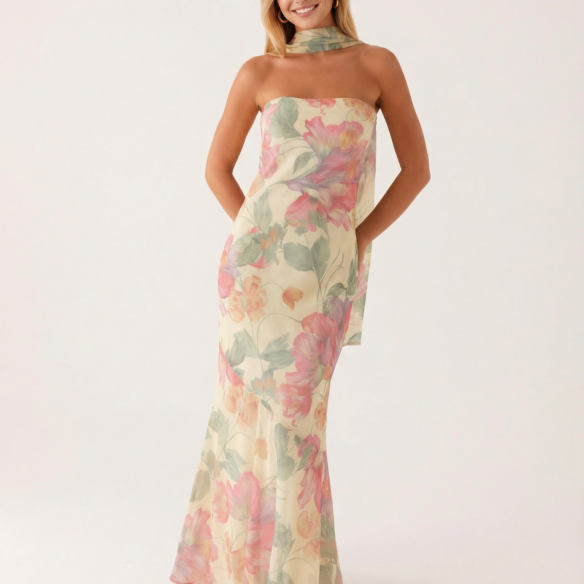 Shelia | Floral Chiffon Maxi Dress with Matching Scarf