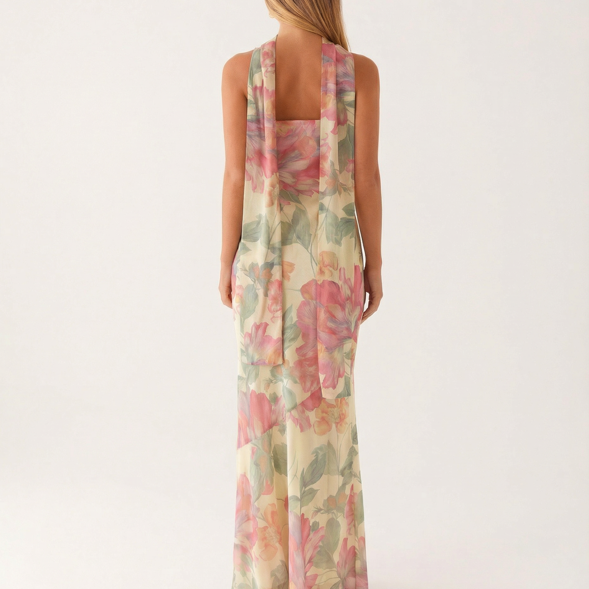 Shelia | Floral Chiffon Maxi Dress with Matching Scarf
