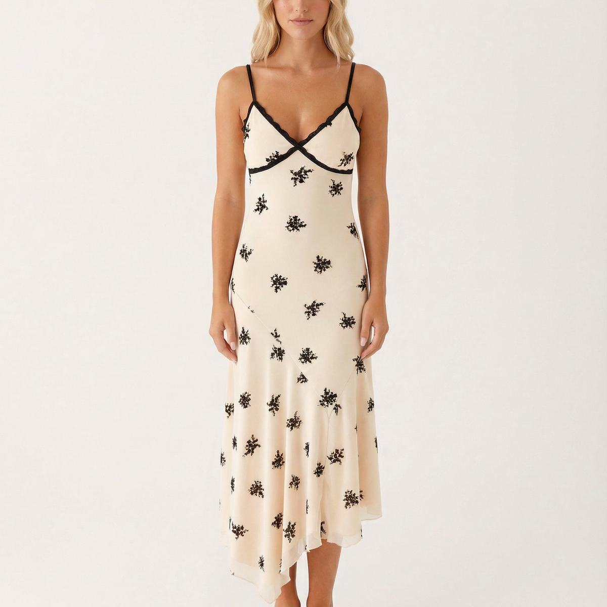 Marsha | Midi Dress with Lace Trim and Floral Embroidery