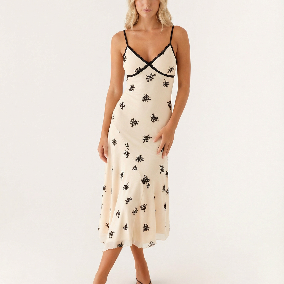 Marsha | Midi Dress with Lace Trim and Floral Embroidery