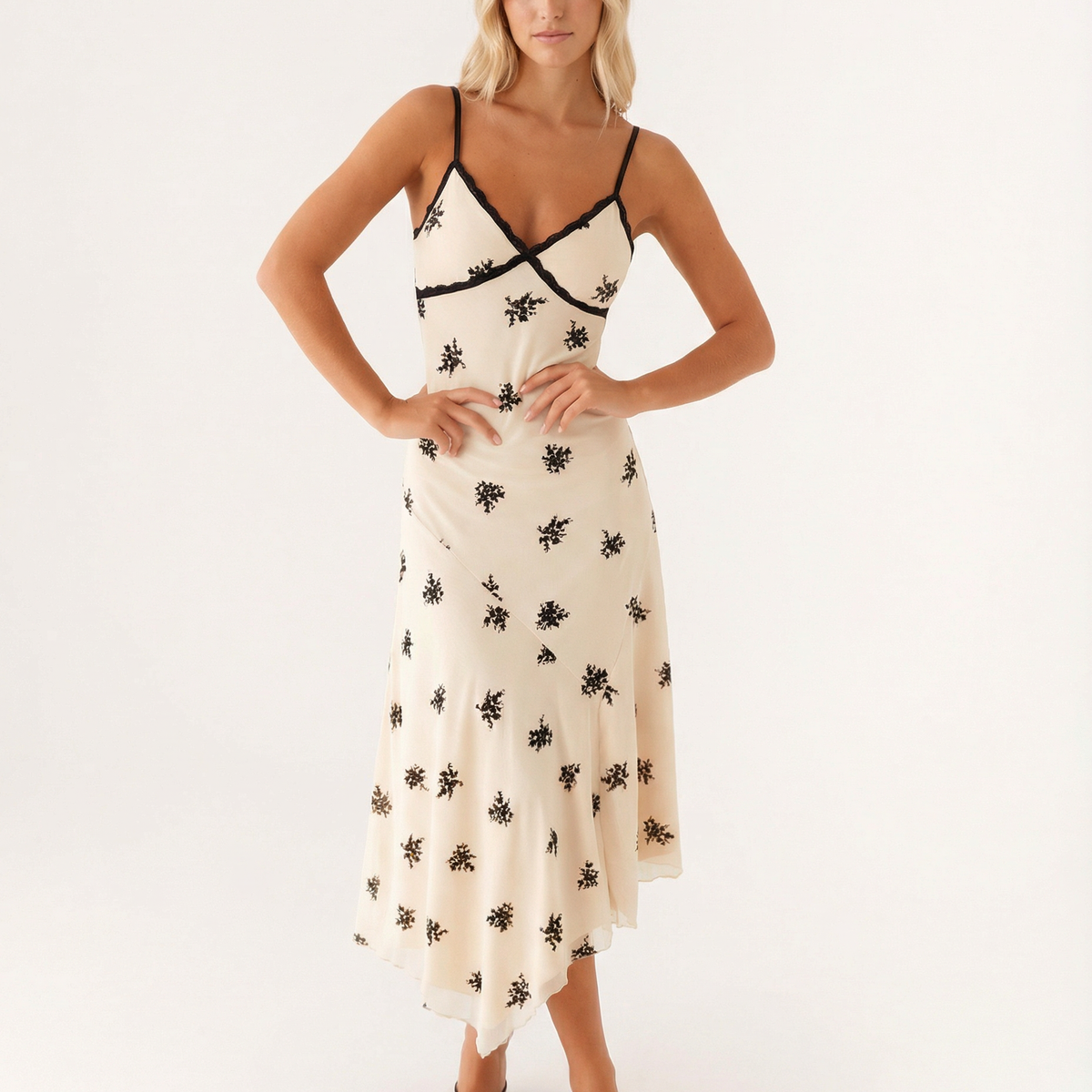 Marsha | Midi Dress with Lace Trim and Floral Embroidery