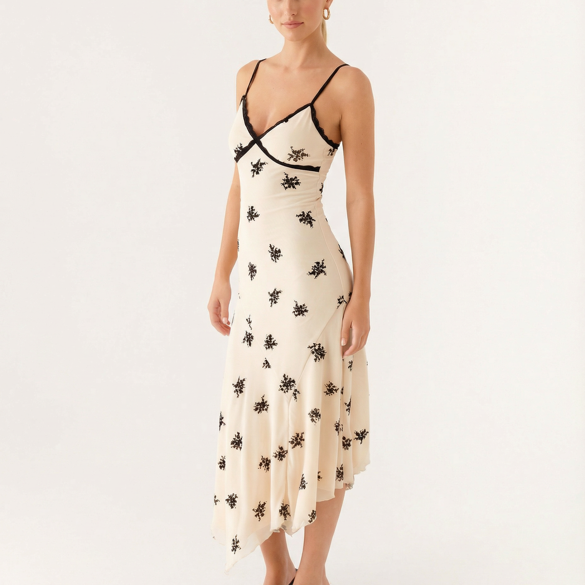 Marsha | Midi Dress with Lace Trim and Floral Embroidery