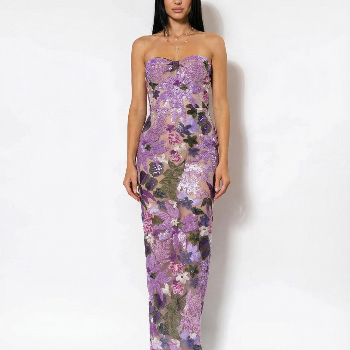 Sara | Sequin Floral Strapless Maxi Dress