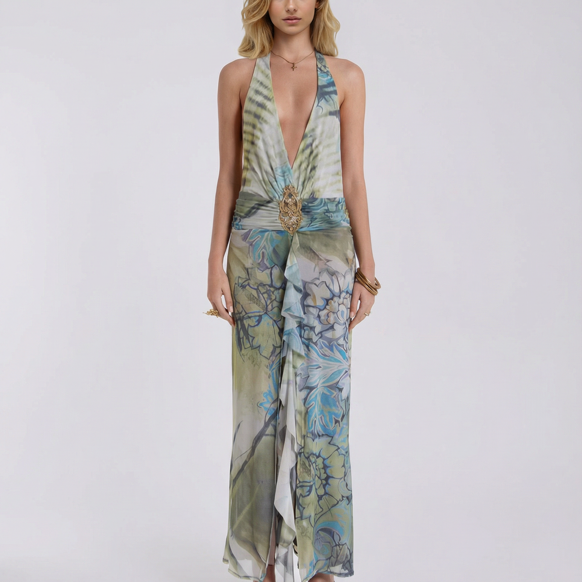 Sonya | Plunge Halter Printed Maxi Dress