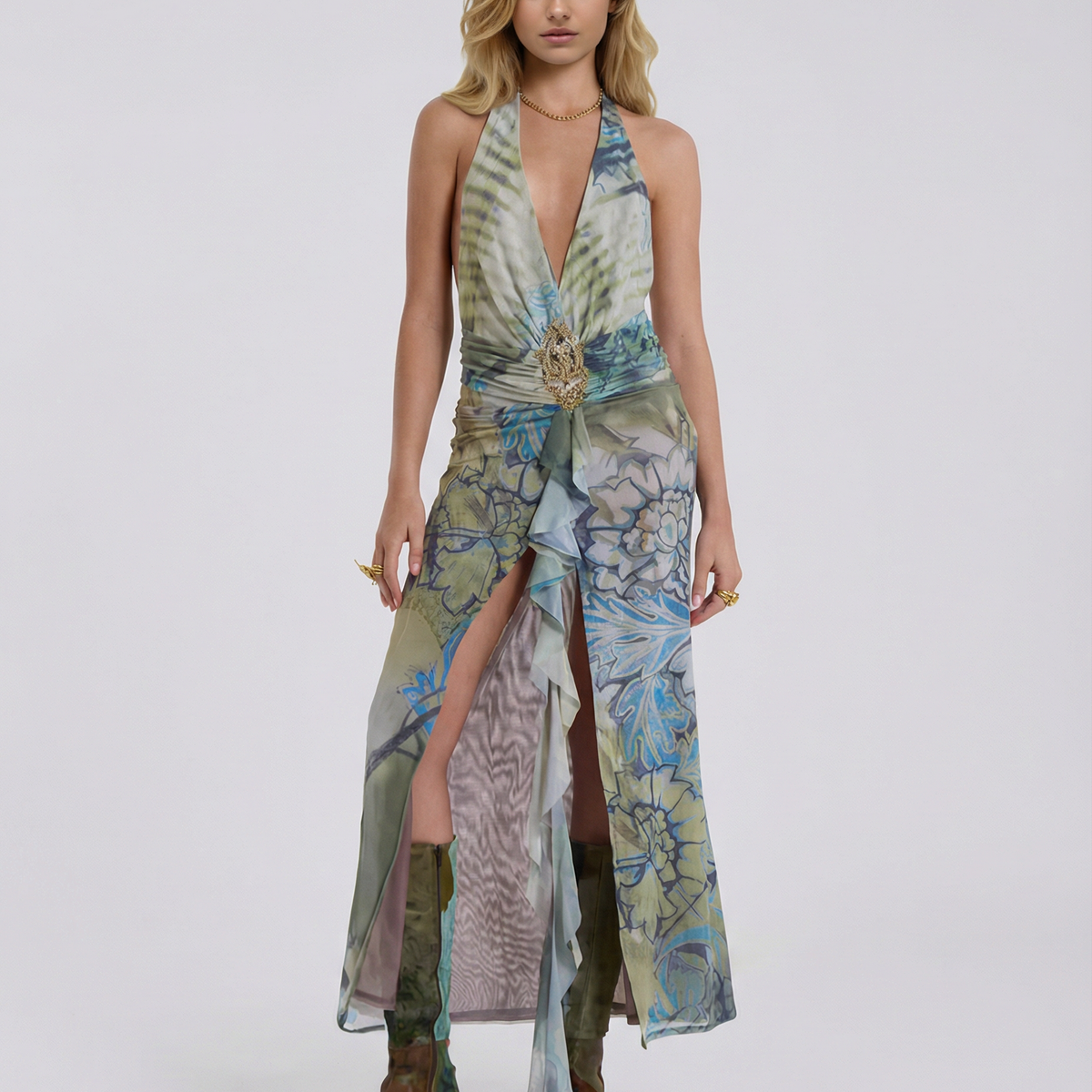 Sonya | Plunge Halter Printed Maxi Dress